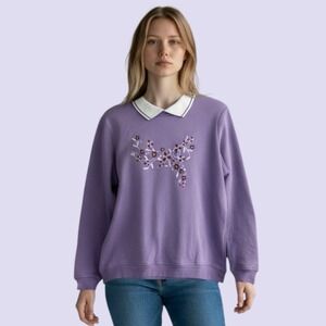 Vtg. 90s Adrian Delafield Floral Womens Large Collared Embroidered Purple Shirt